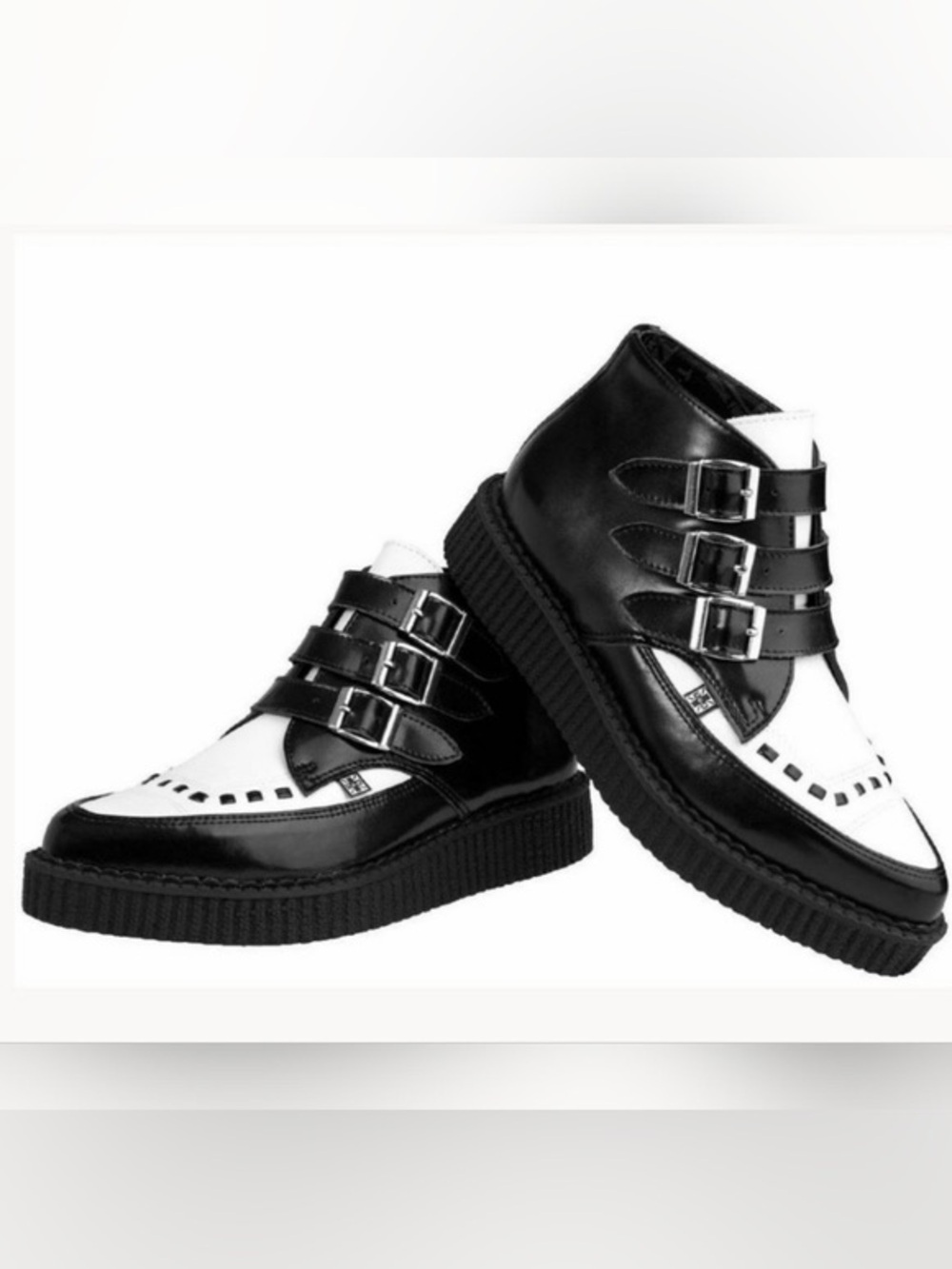 Buckle Creeper Boots Black White Leather TUK Women’s Size 8